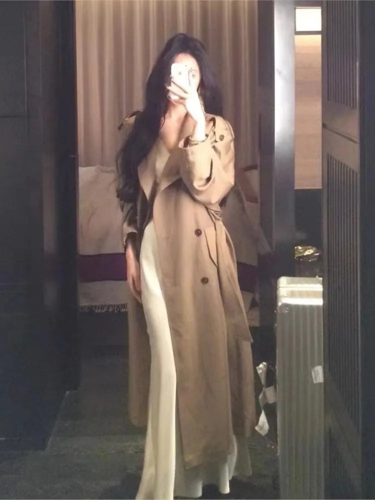 Autumn British Style Long Trench Lapel Double Breasted Coat With Belt Korean Windbreaker Outerwear Jackets