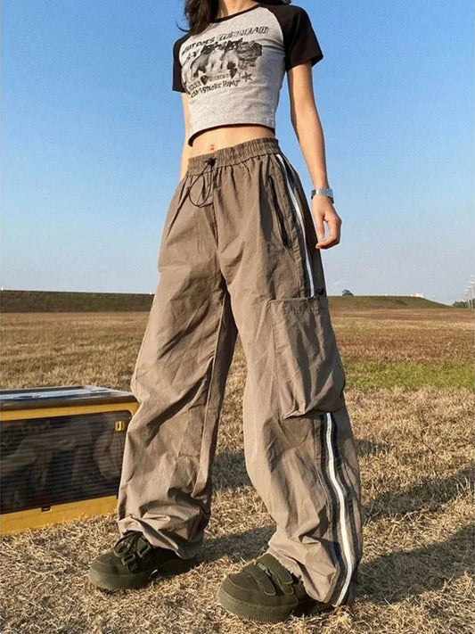 Cargo Pants for Hip Hop Oversize Wide Leg Trousers Y2k Pocket Side Stripe Ladie Jogger Pantalon