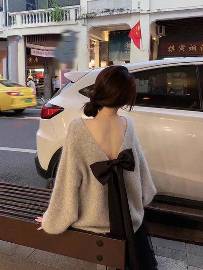 Lazy Halter Bow Round Neck Sweater Female Sueter Mujer Autumn Longsleeved Pullovers Loose Thin Gentle Gray Top
