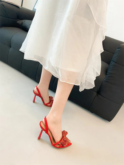 Crystal Rhinestone Bowknot Pointed Open Toe Back Strap Sandals Pink High Heels Wedding Prom Shoes Size 3541