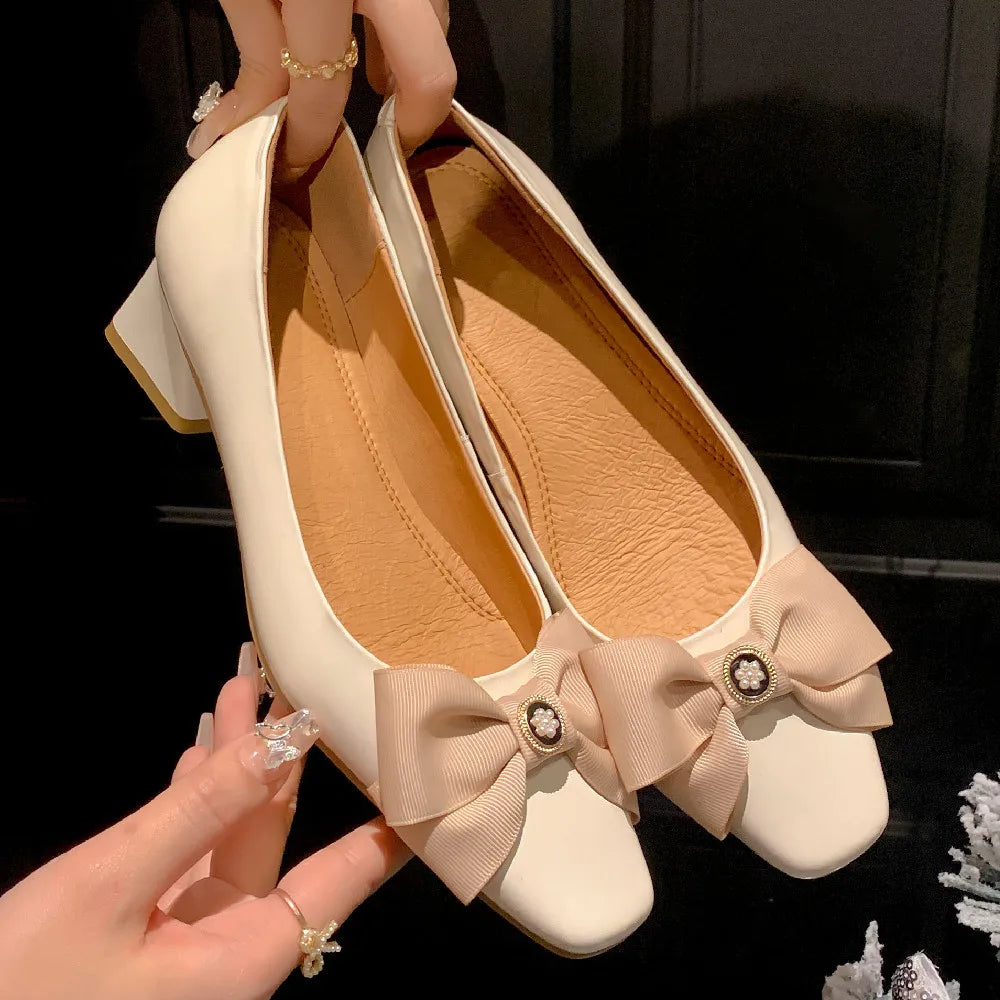 Genuine Leather Square Toe Slipon Pumps Korean Style Sweet Bowtie 4.5cm Thick Med Heel Shoes