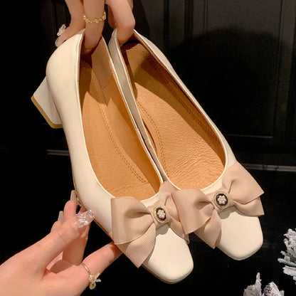 Genuine Leather Square Toe Slipon Pumps Korean Style Sweet Bowtie 4.5cm Thick Med Heel Shoes