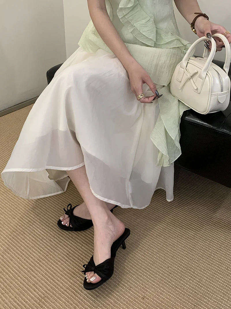 Summer Silk Butterfly Knot Slippers Sandals Shallow Open Toe Thin Low Heels Mules Slides Shoes Zapatos Mujer