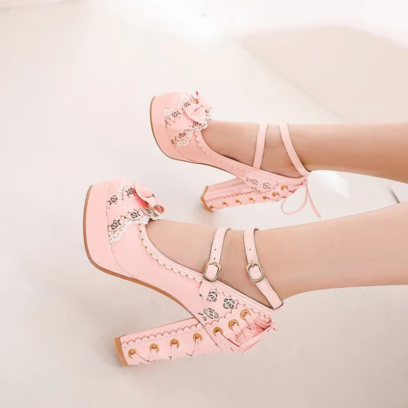 Summer 2.5 Platform Bow Lace Princess Lolita Shoes Party 10cm High Heel Buckle Big Size 43