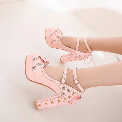 Summer 2.5 Platform Bow Lace Princess Lolita Shoes Party 10cm High Heel Buckle Big Size 43