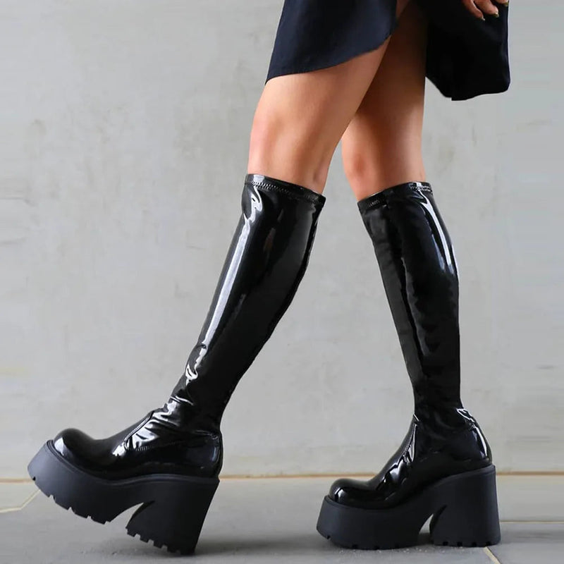 Platform Chunky High Heeled Knee High Boots Cool Round Toe Sweet Heeled Boots Gothic Uniform Dress Shoes