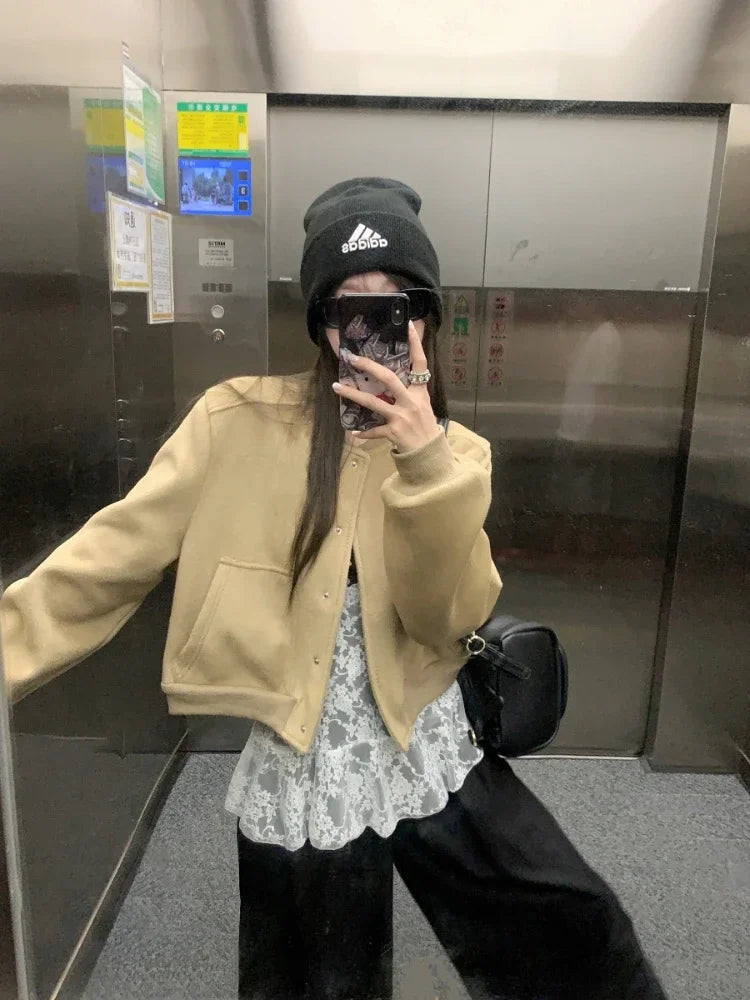 Baseball Woolen Coat Cropped Bomber Jacket Oversized Loose Korean Uniform Winter Clothes