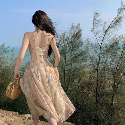 New French Holiday Fairy Beach Style Long Dress Fragmented Chiffon Strap Dress