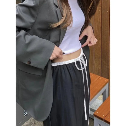 Summer Korean Retro High Street Black and White Stitching Elastic Laceup Wide Leg Pants