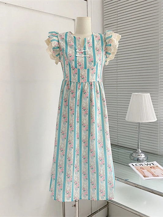 Summer French Court Striped Evening Sleeveless Long Dress Maxi Lace Patchwork Frocks Onepiece Design Maxi Party