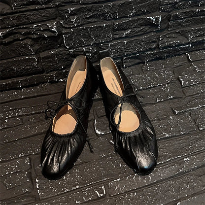 Retro Genuine Leather Pumps Low Round Heels Party Shoes Woman Round Toe Lace Up Pumps