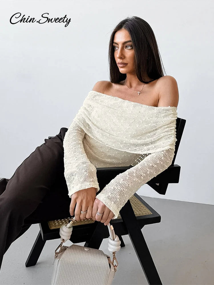 Off Shoulder ’s Shirt Knitted Long Sleeve Backless Slim Shirt Top Spring Summer Office Lady Blouses New