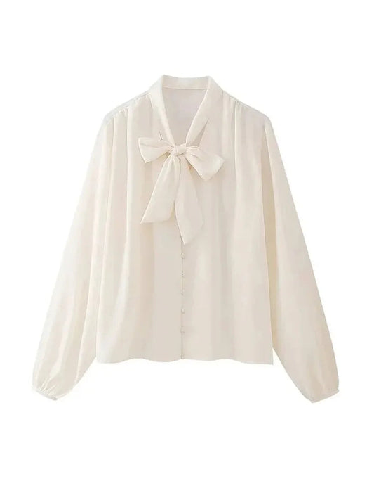 Bow Laceup Blouse Loose Singlebreasted Long Sleeve Shirts Office Lady Summer Commuter Tops