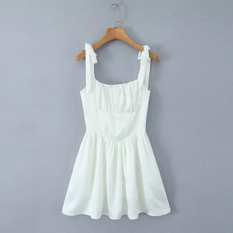 Pleated Design Tie-up Sleeveless Summer Dresses Color Slim Fit Mini Dress Simple Party Dress