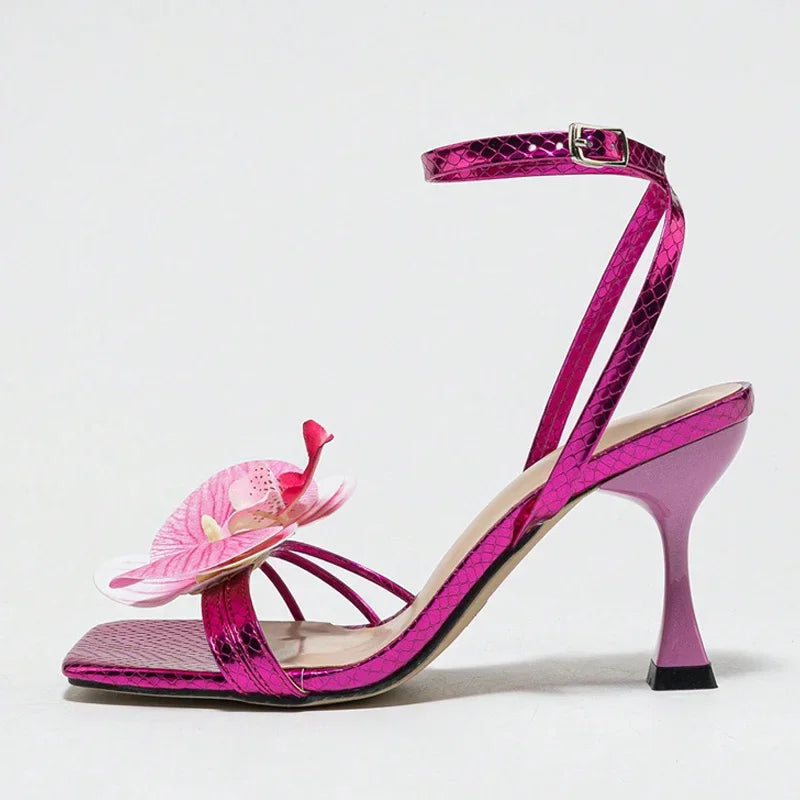 Flowers Square Toe Open Toe High Heel Brand Design Narrow Band Party Thin High Sandals Summer Stripper Shoes