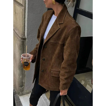 Lapel Pocket Suede Leather Jacket Loose Single Button Oversize Brown Coats Female Street Clothes