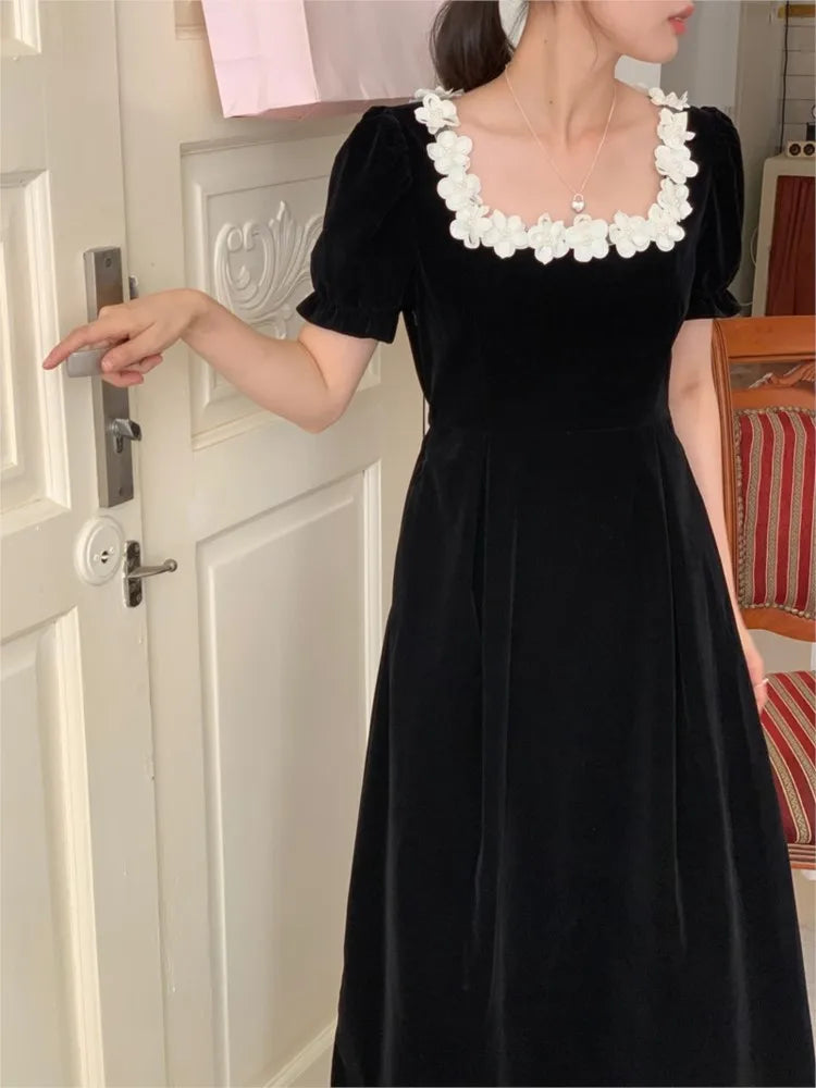 Autumn French Black Velvet Midi Dresses for Puff Sleeves Square Collar A-line Korean Vestido Mujer New