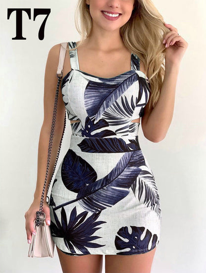 Summer Spaghetti Strap Mini Dresses for Color Printed Sleeveless Hollow Out Short Bodycon Dress Vestidos