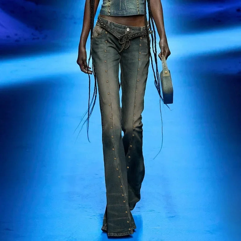 Distressed Y2k Flared Jeans Low Rise Rivet Stitching Cargo Pants 90s Grunge Denim Trousers New