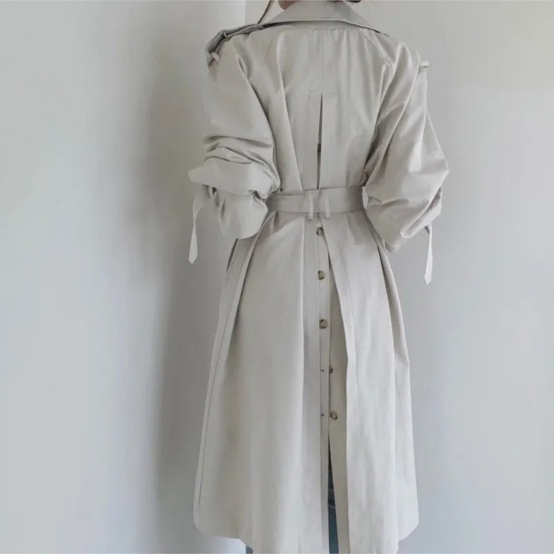 Long Trench Coat New Spring Autumn Lapel Double Breasted With Belt Loose Coat Office Lady Korean Outerwear