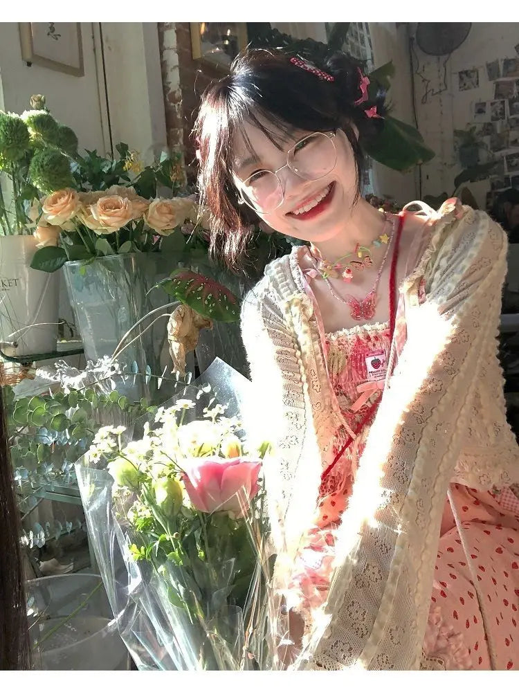 Japan Kawaii Dress Strawberry Stitching Suspender Skirt Laceup Cardigan Japanese Style Sweet