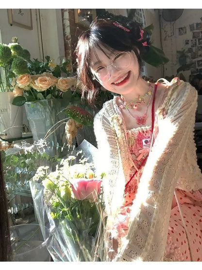 Japan Kawaii Dress Strawberry Stitching Suspender Skirt Laceup Cardigan Japanese Style Sweet