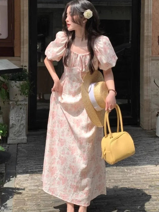 Summer Printed Midi Dress Off Shoulder Puff Sleeve Fairy Aline Dresses Korean Fahion Vestidos Mujer