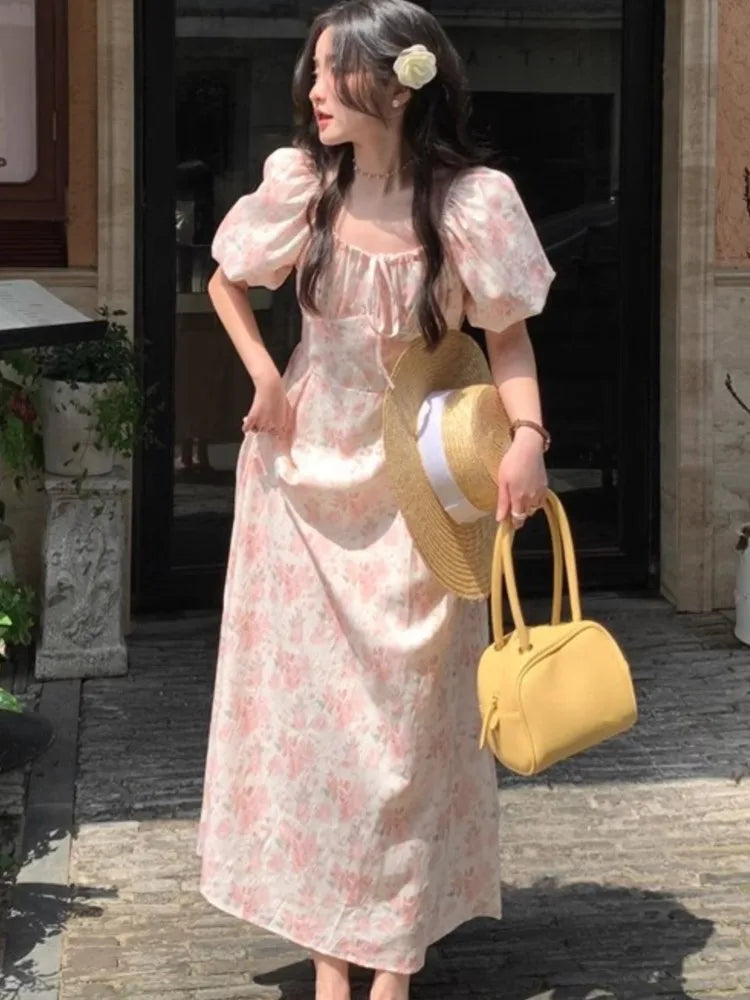 Summer Printed Midi Dress Off Shoulder Puff Sleeve Fairy Aline Dresses Korean Fahion Vestidos Mujer