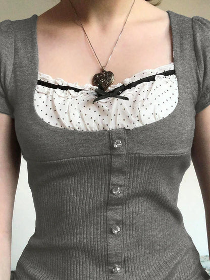 T-shirt Patchwork Lace Sweet Square Collar Knitted Tops Ruffles Hem Y2k Gray Tee Shirt Clothes