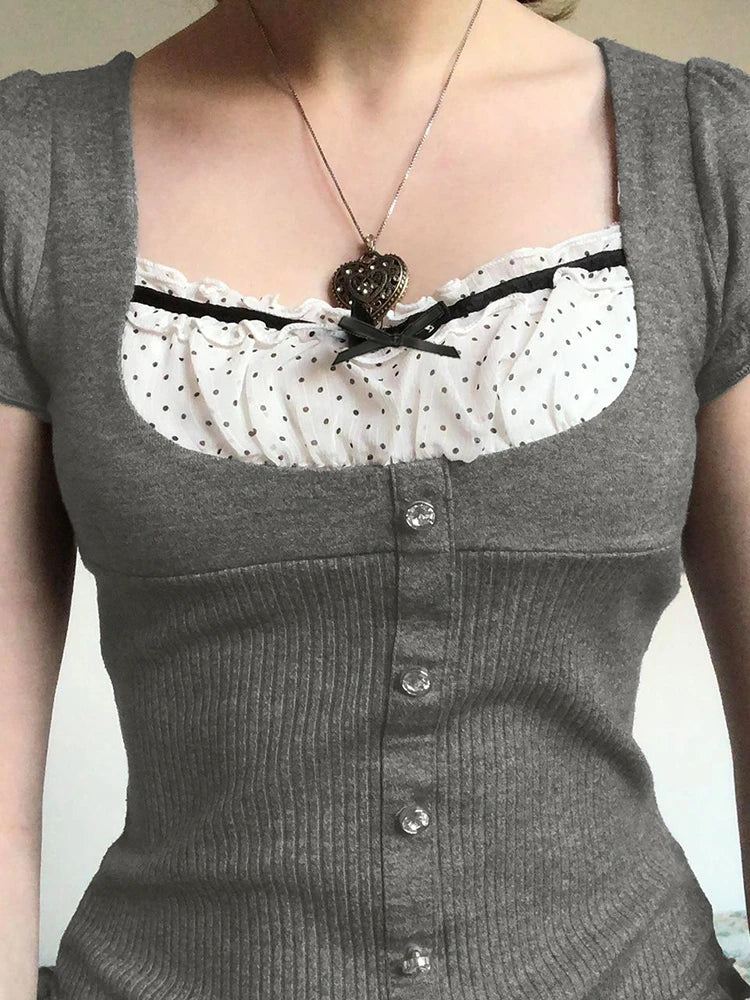 T-shirt Patchwork Lace Sweet Square Collar Knitted Tops Ruffles Hem Y2k Gray Tee Shirt Clothes