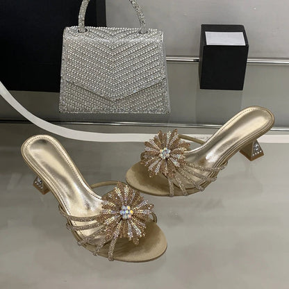 New Gold Silver Crystal Gem Strange Low Heels Slippers Rhinestone Flowers Summer Party Prom Shoes Mules Sandals