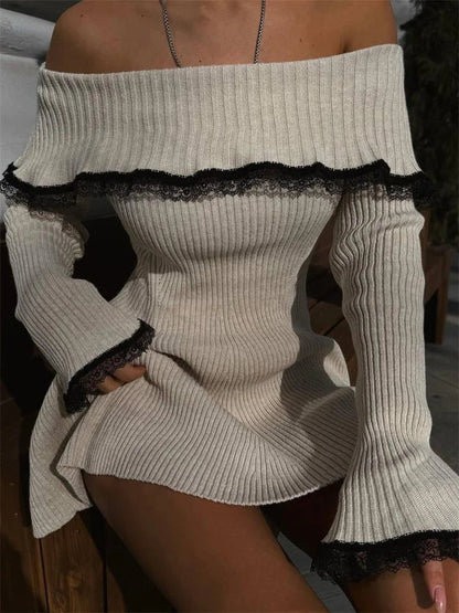Knit Off-shoulder Sweater Mini Dress Lace Patchwork Ribbed Slim Backless Party Dress Knitwear Mini Dress