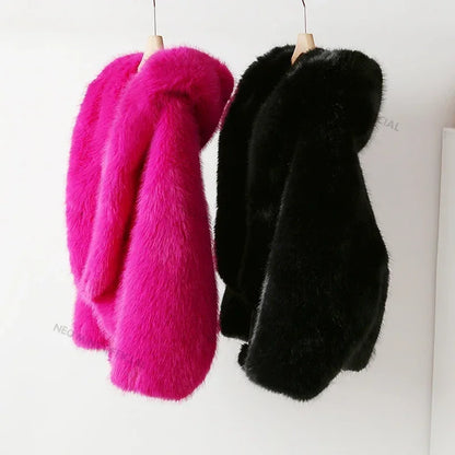 Brand Runway Iconic Hooded Batwing Faux Fur Coat Winter Hailey Bieber Shaggy Overcoat Fox Fur Jacket
