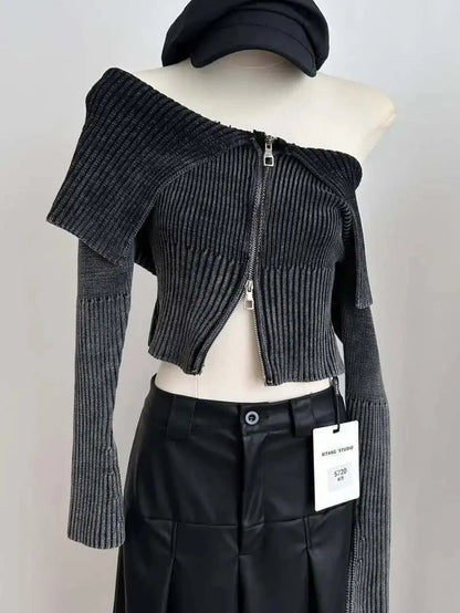 Bow Print Offshoulder Knitwear Gradient Cardigan Sweater Zipper Maillard Style Fairy Grunge Long Sleeve Top Y2k Clothes