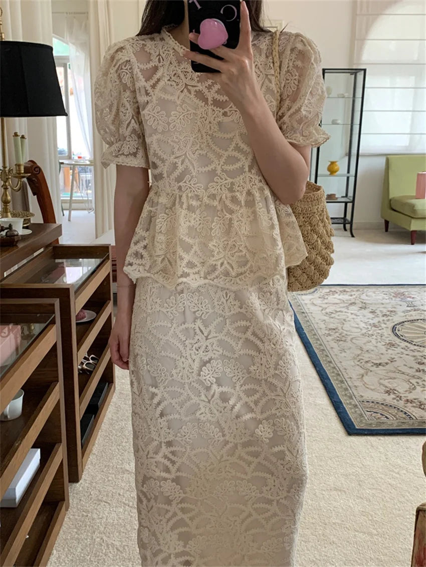 Slim Hollow Out Blouses Florals Summer Sets Office Lady High Waist Work Wear Long Skirts Suits