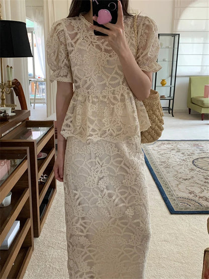 Slim Hollow Out Blouses Florals Summer Sets Office Lady High Waist Work Wear Long Skirts Suits