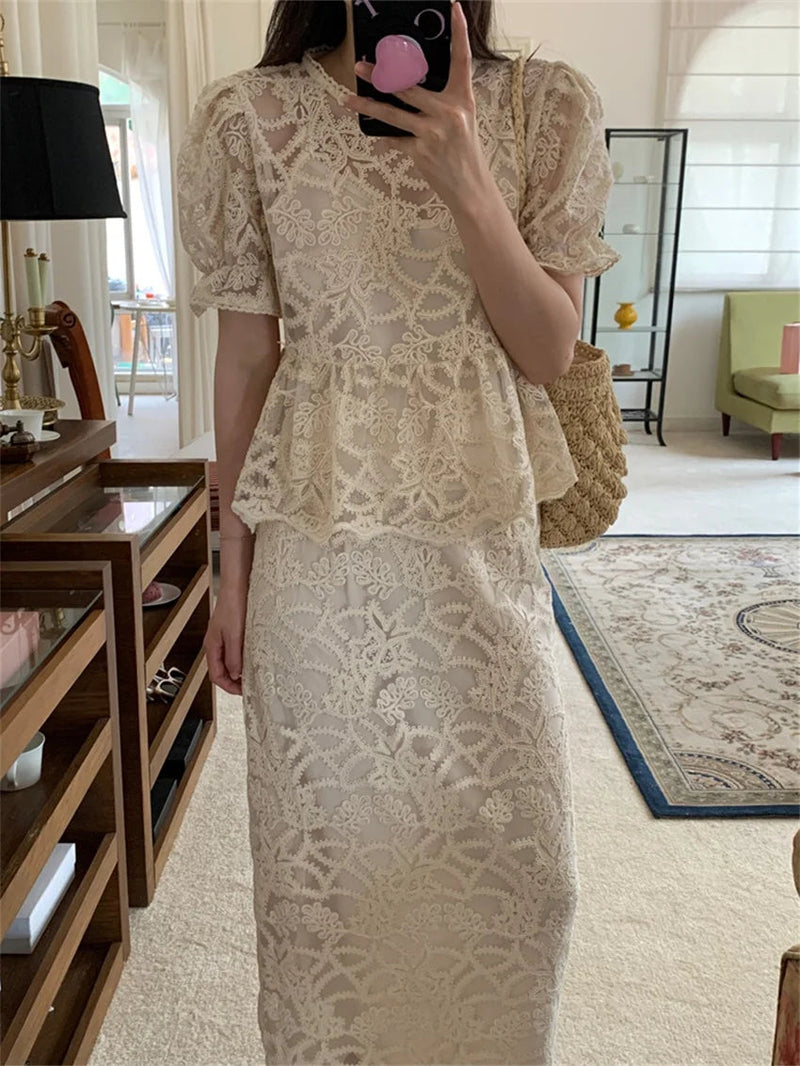 Slim Hollow Out Blouses Florals Summer Sets Office Lady High Waist Work Wear Long Skirts Suits