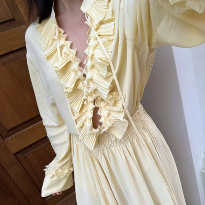 Chiffon Pleated Lace-up Blouse