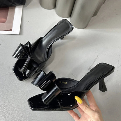 Patent Leather Butterfly Knot Slippers Square Toe Summer Sandals Low Thin Heels Mules Slides Shoes Size 39