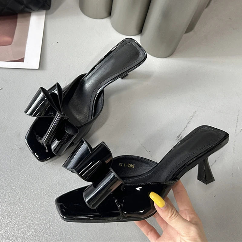 Patent Leather Butterfly Knot Slippers Square Toe Summer Sandals Low Thin Heels Mules Slides Shoes Size 39