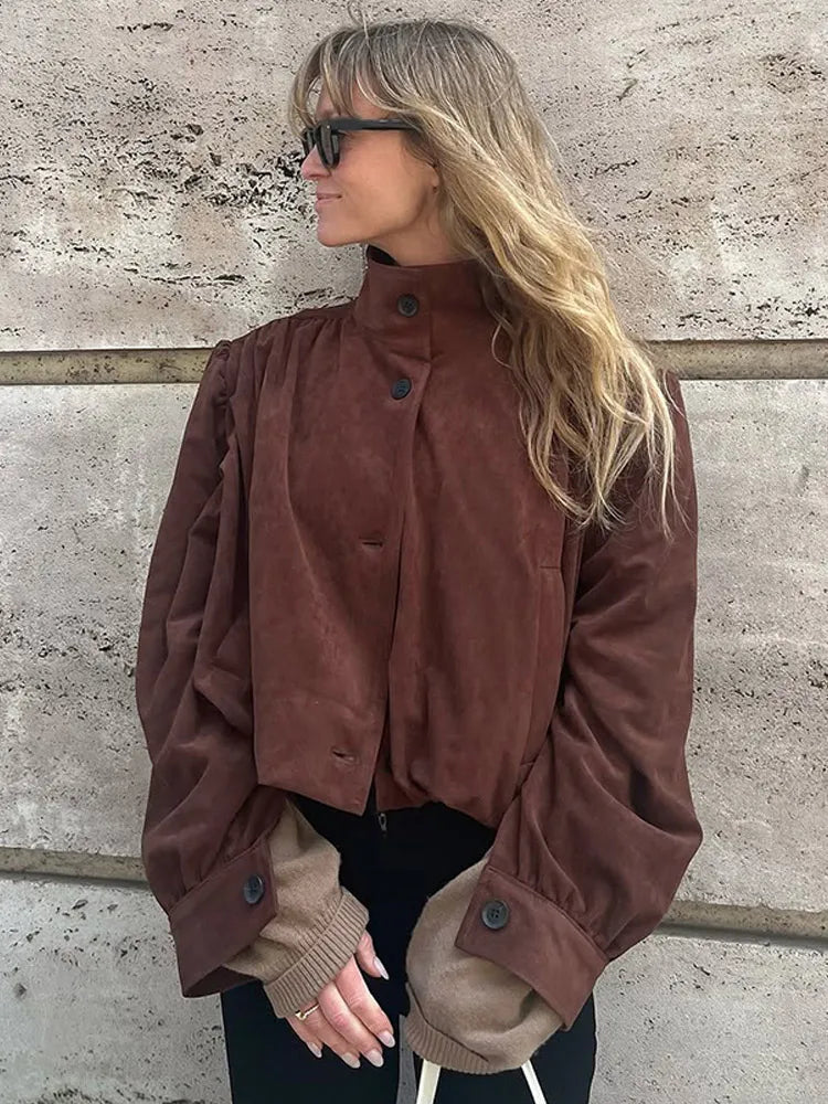 Retro Brown Suede Short Jacket Stand Collar Full Sleeves Single Breasteds Loose Coats Autumn Lady Street Wear