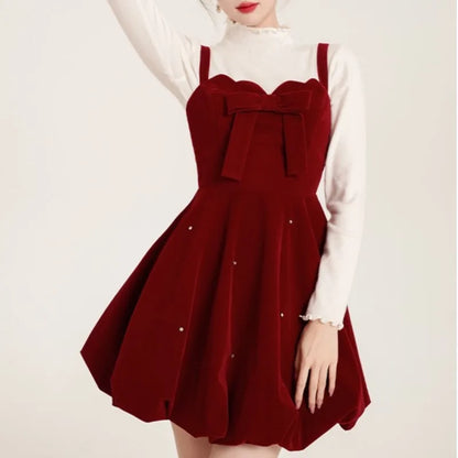Christmas Two-piece Dress Set Sweater A-line Velvet Sleeveless Short Dress Korean Female Autumn New Outfits