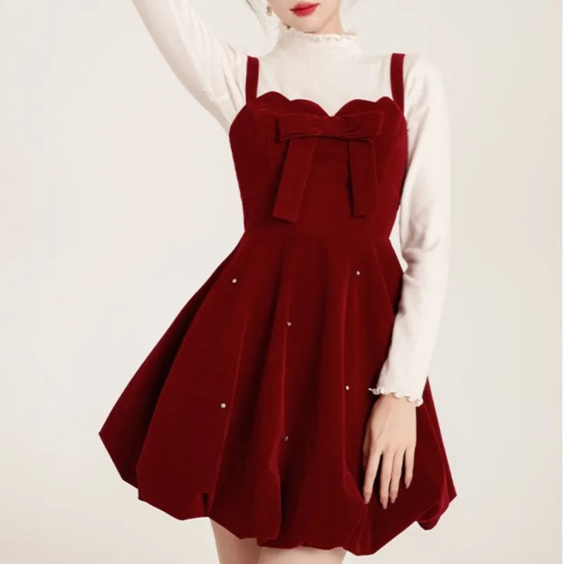 Christmas Two-piece Dress Set Sweater A-line Velvet Sleeveless Short Dress Korean Female Autumn New Outfits