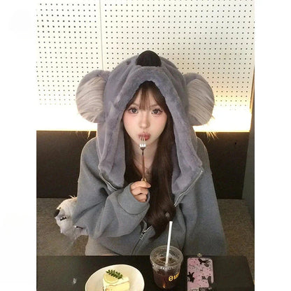 Sweet Hot Girl American Koala Hoodie Autumn/winter Longsleeved Zipper Loose Coat Female Clothes