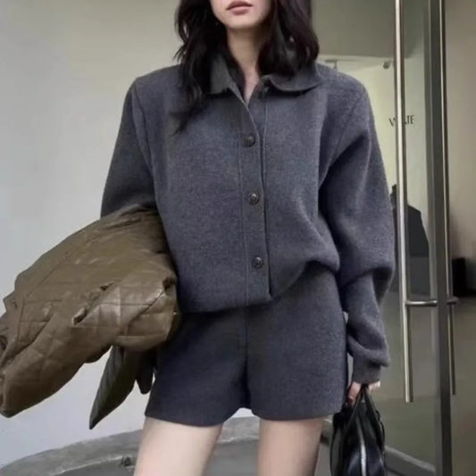 Autumn Winter New Two-piece Knitted Sets Single Breasted Sweater Top High Waist Shorts Korean Outfits Suit