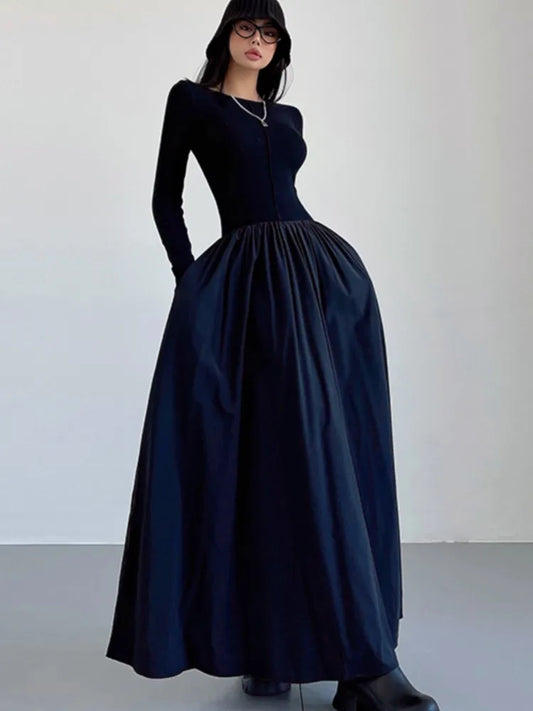 Patchwork Long Dresses for O-neck Long Sleeves A-line Autumn Spring Korean One Piece Vestidos Mujer New