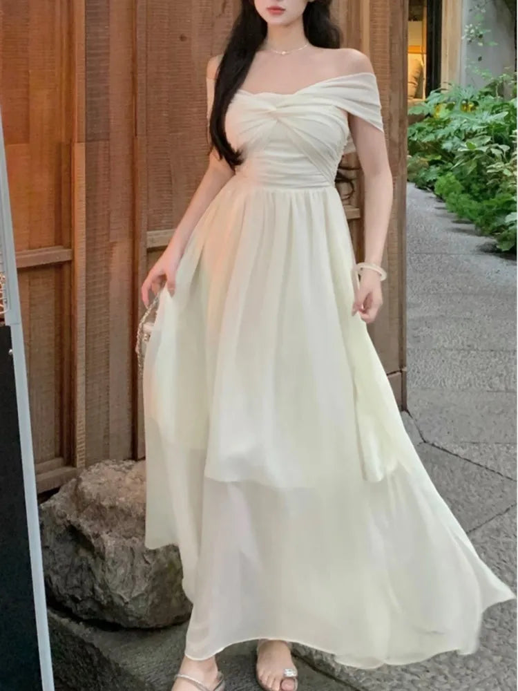 Chiffon Midi Dress Summer New Off Shoulder Slash Neck High Split Holiday Beach Style Backless Party Dress Vestido