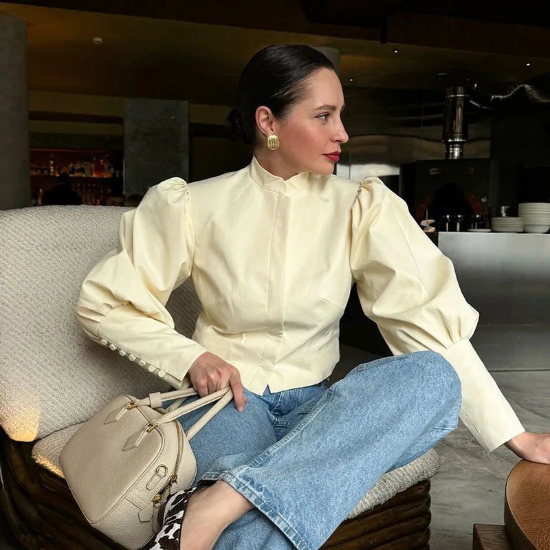 Retro Stand Collar Short Shirt Single Breasted Puffy Sleeve Shirts Coat Lady Versatile