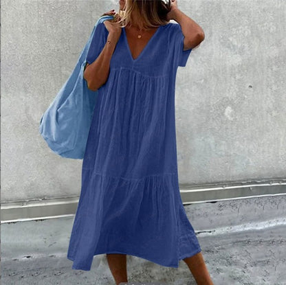 Color Cotton Linen Midi Dresses V-neck Short Sleeves Loose Dress Simple Style Lady Commuting Vestidos
