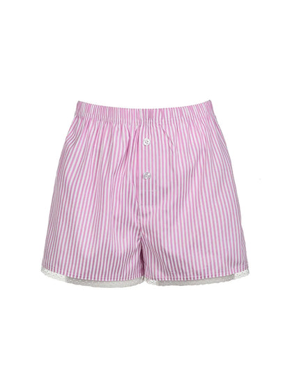 Pink Sweet Y2k Lace Trim Stripe Summer Shorts Japanese Kawaii Elastic Waist Button Loose Vacation Outfits
